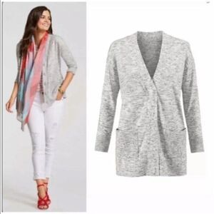 Wmn's Cabi # 5286 Marble Cardigan Heather Gray Snap-Front Cotton Blend Sweater S